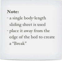 Note:
a single body-length sliding sheet is used
place it away from the edge of the bed to create a “Break”
