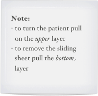 Note:
to turn the patient pull on the upper layer
to remove the sliding sheet pull the bottom layer
